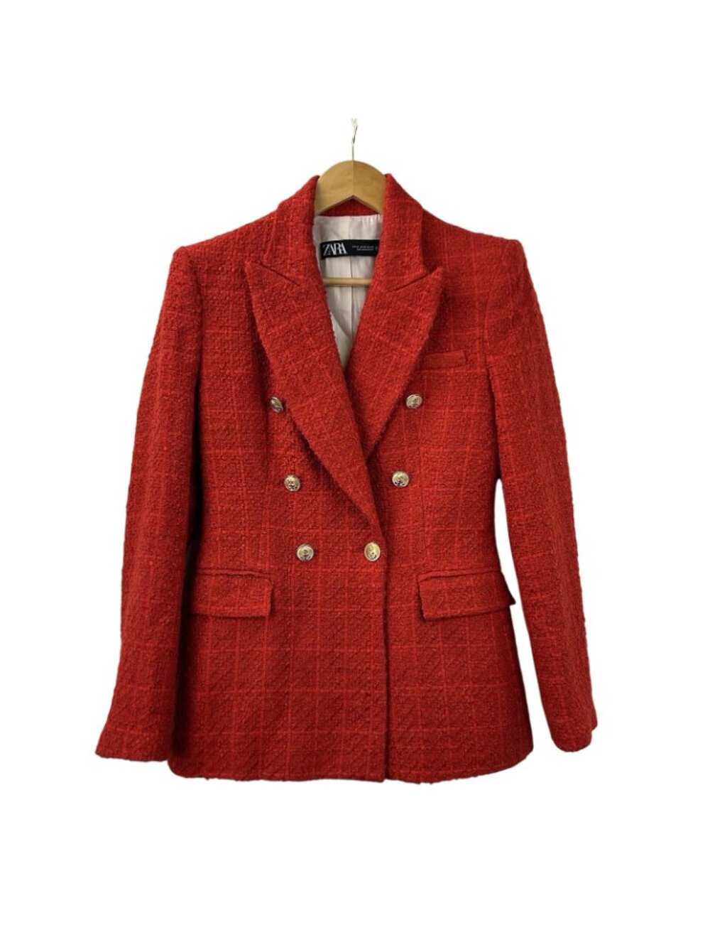 ZARA Red Tweed Boucle Double Breasted Blazer Jacket Womens XS Textured Cotton - Picture 3 of 16